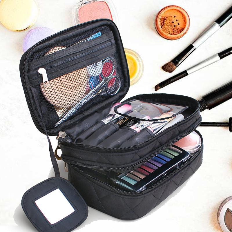 

Diamond Lattice Double Layer Cosmetic Bags With Mirror Travel Functional Makeup Pouch Toiletry Case Box Organizer Accessories, Black