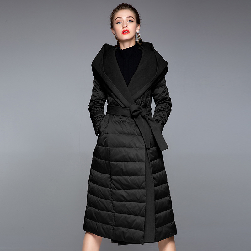 

2021 New Winter Long Slim A-line White Duck Down Hooded Women Warm Coat with Belt Feminino Parkas 6u3j, Black