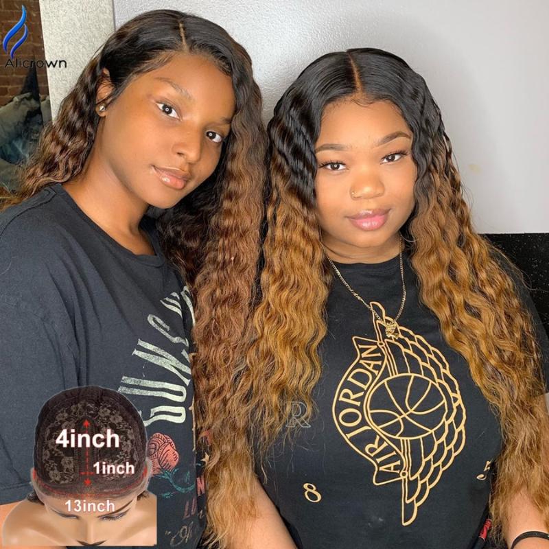 

ALICROWN Curly T-part Lace Front Human Hair Wigs For Women Brazilian 180% Density Lace Wigs Pre-Plucked Non-Remy Hair, T-part lace wig