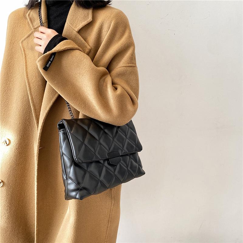 

2021 Women PU Leather Chain Plaid Clutch Handbag Purse Single Crossbody Messenger Bag Small Boho Handbags, Black