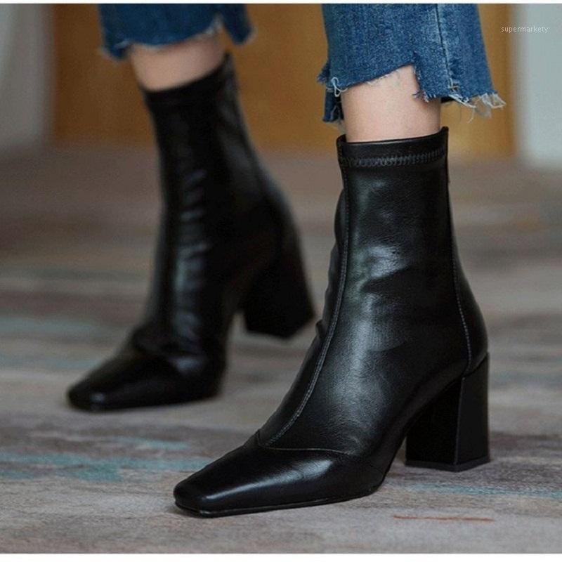 

2021 Newest Fashion Women Pu Leather Boots Square Toe And Square Heels Short Women Boot For Spring And Autumn Female Back Zipper1, Black