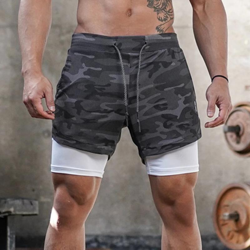 

Men Sports Shorts Two Layer Pockets Towel Loop Drawstring Workout Running Gym Pants1, Dark grey