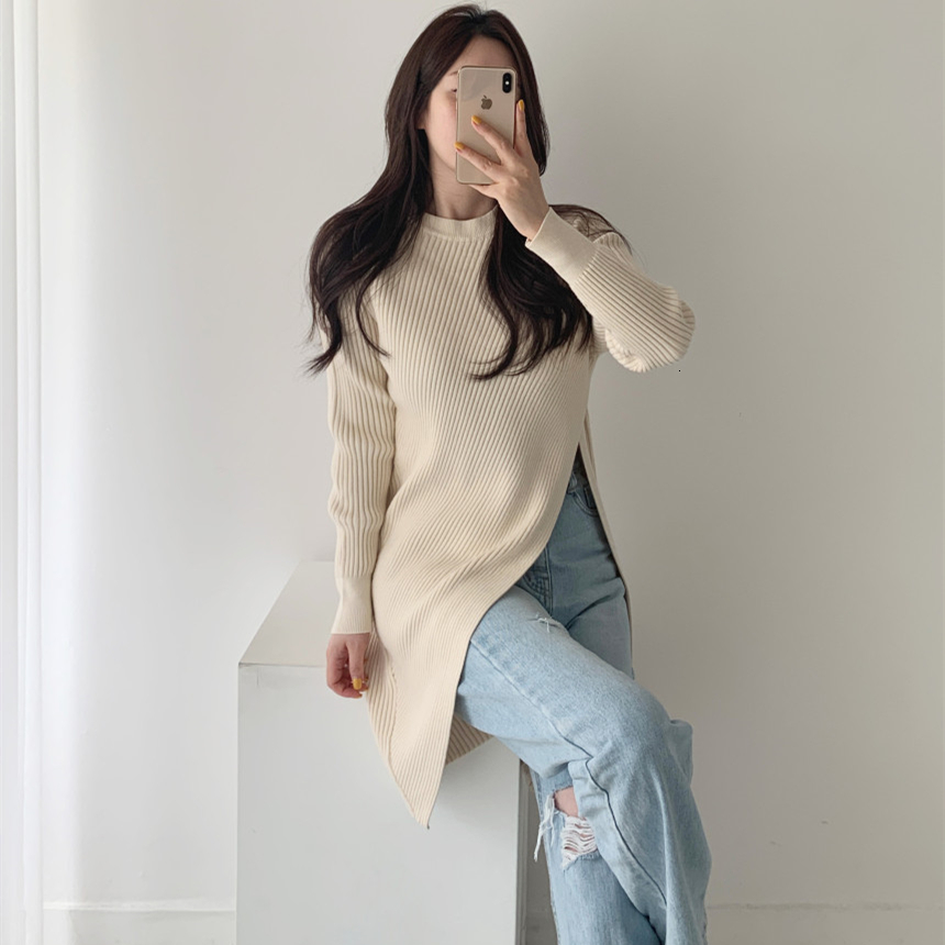 

2021 New Women's Knitted or Crocheted Sweater Solid To-neck Sleeves Pit Pattern Split Hem Extended Long Spring Winter Mesh BMPQ, Black