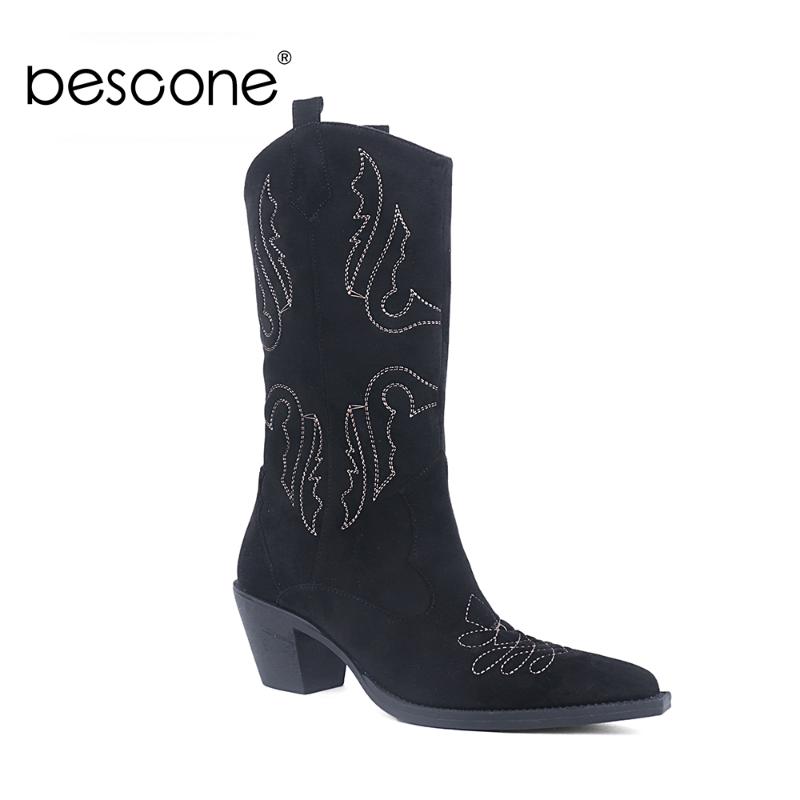 

BESCONE Women's Boots Fashion Comfortable Handmade Ladies Mid-Calf Boots Sewing Thread Decoration Autumn Winter Shoes Women H10, Black