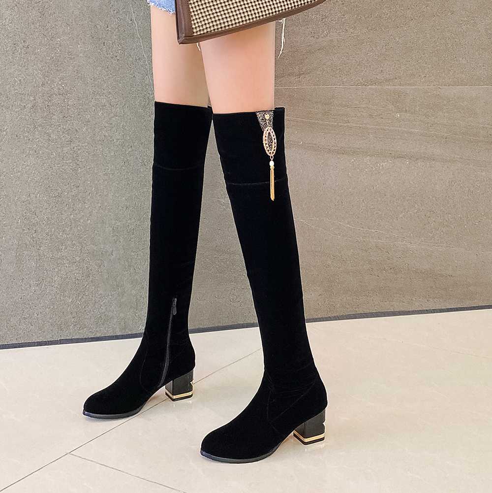 

Kickway Fashion Women Boots Autumn Winter Over The Knee Heels Suede Long Comfort Square Botines Mujer Tassel Thigh High Boots 43, Black