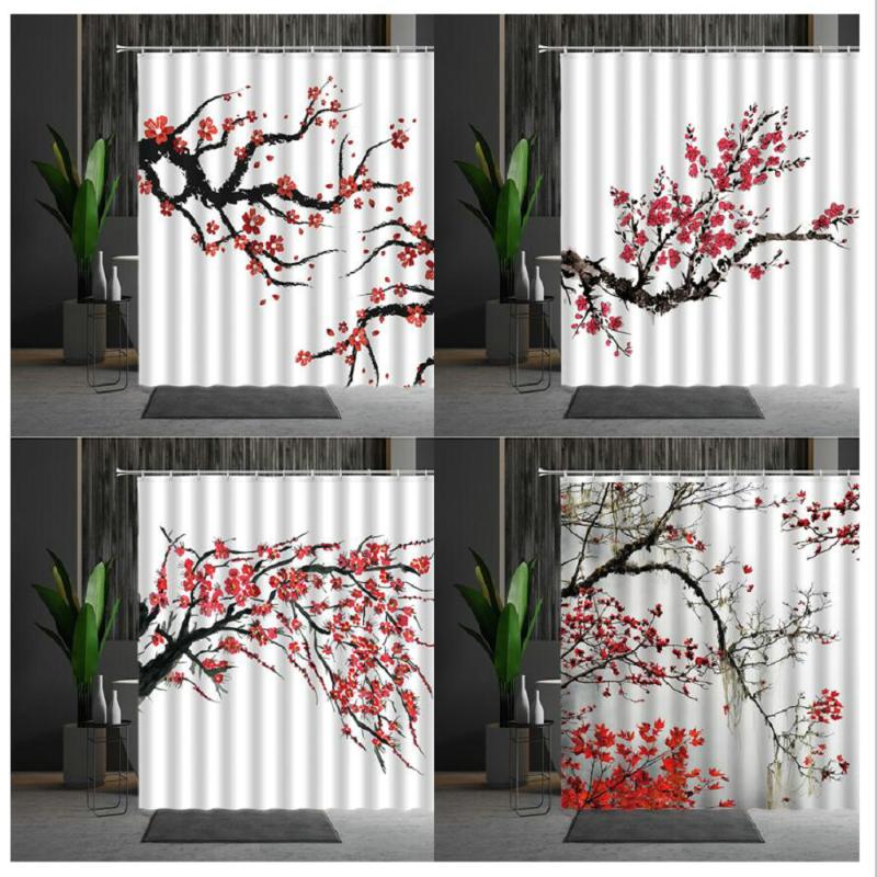 

Chinese Style Waterproof Shower Curtains Winter Scenery Red Plum Bathtub Decor Bath Curtain Polyester Fabric Multiple Size