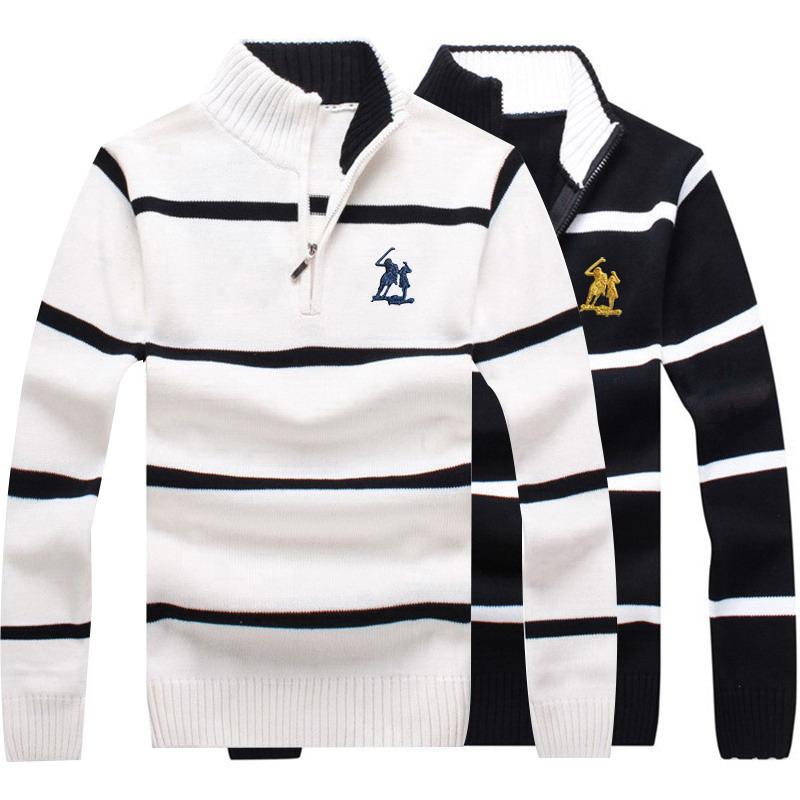 

Winter Pullover Embroidered Horse Logo Men's Sweater100% Cotton Half Zipper Sweater Warm Stand Collar Striped Fit Sweater, White blue logo