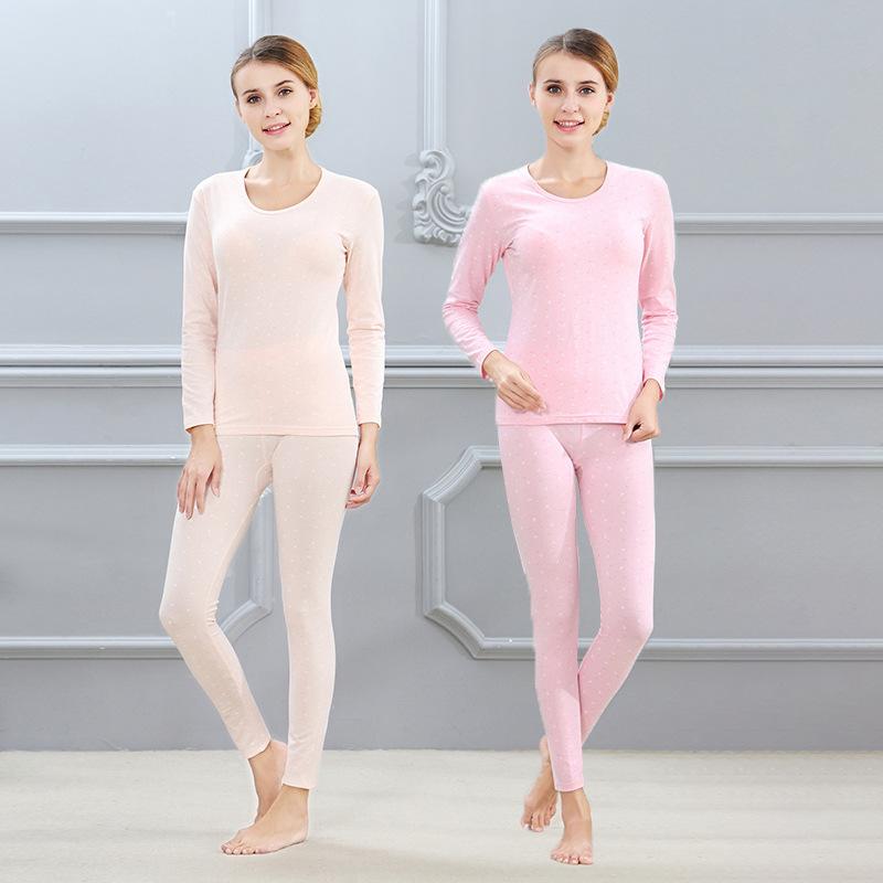 

Women's autumn clothes and trousers set printing combed cotton warm underwear printing set, Light pink