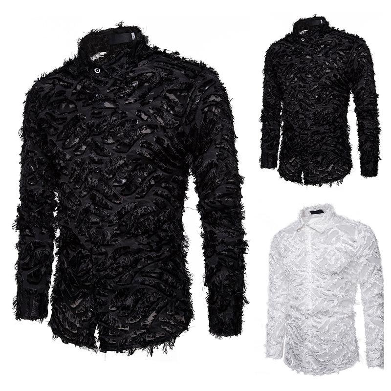 

New Spring and Autumn High Quality Men' Solid Color Three-dimensional Feather Business Casual Slim Long Sleeve Men' Shirts, Black