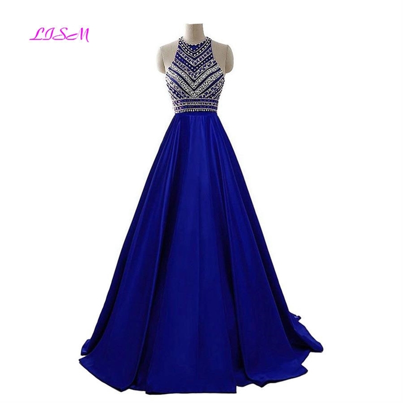 

Royal Blue Crystals Prom Dresses A-Line Sleeveless Party Dress with Pockets O-Neck Beading Satin Long Formal Evening Gowns 201113, Photo color