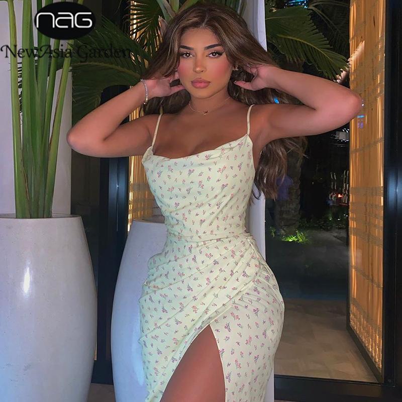 

NewAsia Floral Long Dress Women Spaghetti Straps Cowl Neck Prairie Chic Wrap Dress Summer Side Split Pleats Print Yellow Dresses
