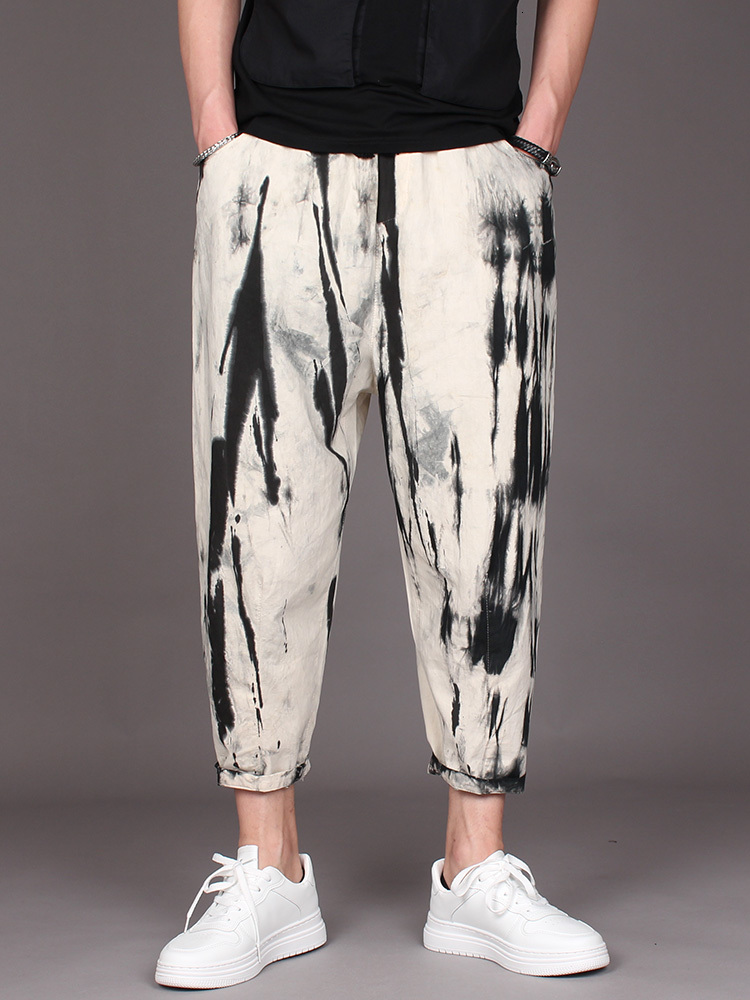 

2021 New Inkjet Cotton Linen Baggy Small Harelan Feet Summer Men's Fashionable Hemp Pants PIAQ, Black