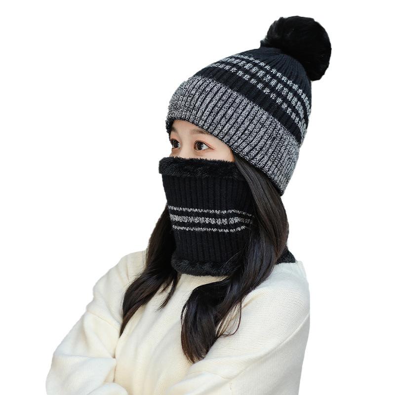 

New Autumn Winter Knitted Hats Women Thick Warm Beanie Skullies Female Plush Bonnet Caps Outdoor Hat and Ring Scarf 2PC Sets