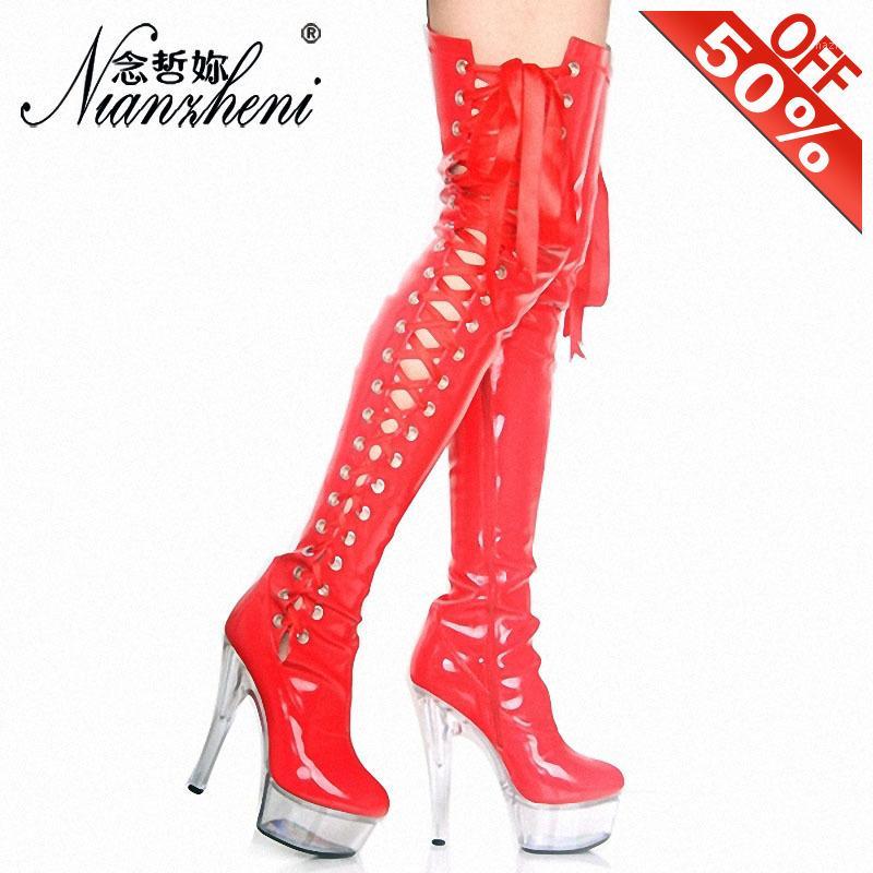 

Sexy Fetish Boots Over The Knee Thigh High Boots Women Clear Pvc 15Cm High Heels Pole Dance Footwear Shoes red riband show1, Black-15cm