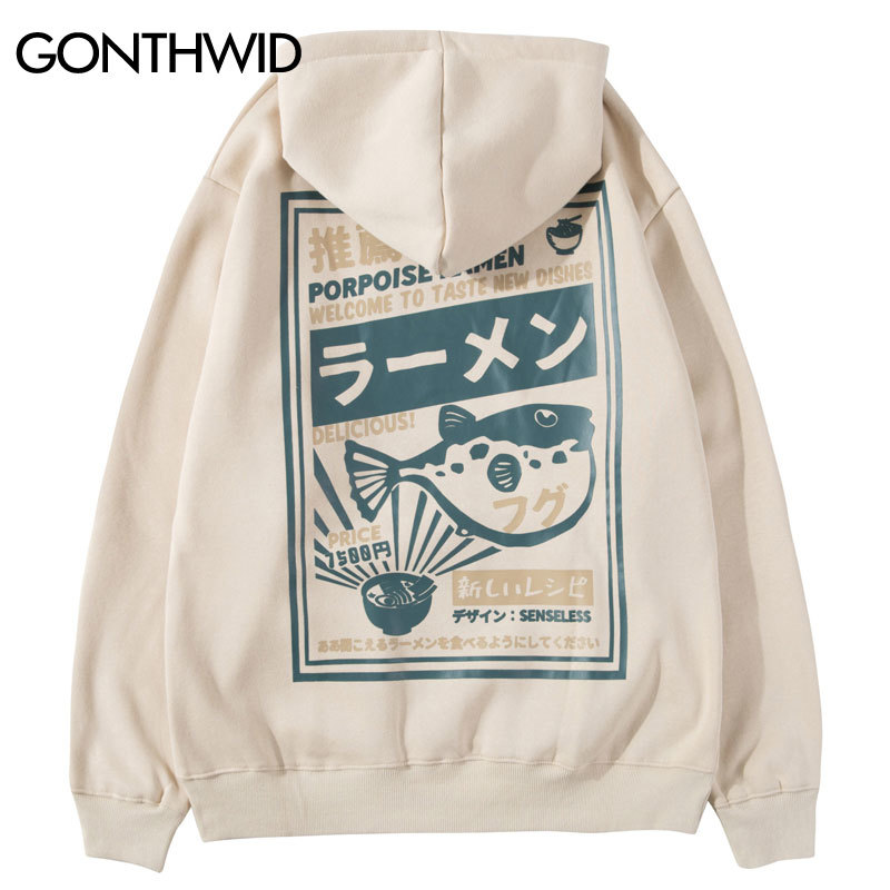 

GONTHWID Puffer Fish Ramen Print Fleece Hoodies Hip Hop Casual Pullover Hooded Sweatshirt Men Harajuku Casual Fashion Streetwear C1011, White