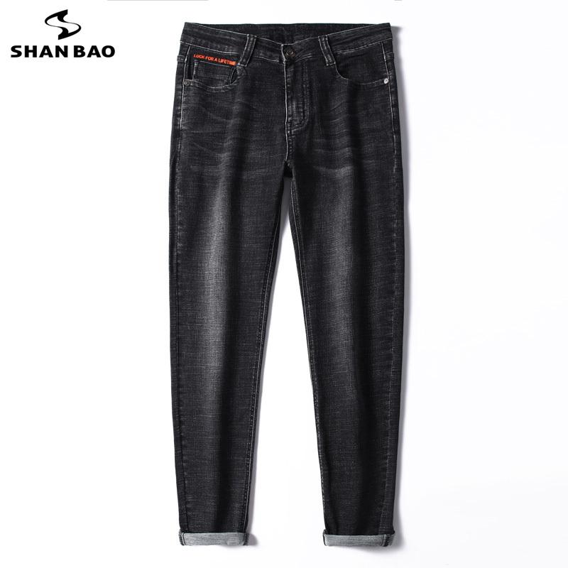 

SHAN BAO Men's Fitted Jeans Classic Personality Letter Print 2021 Spring New Brand Clothing Cotton Stretch Slim Black Denim Jean