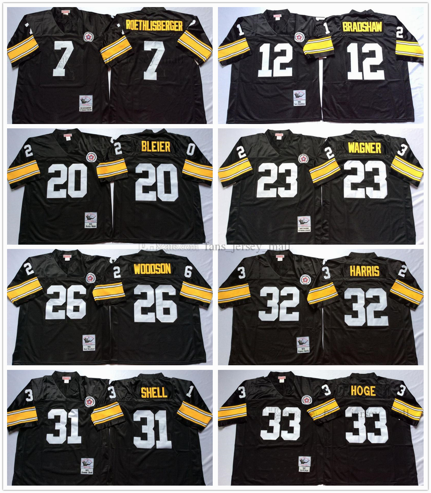 

NCAA Top Vintage Football 7 Ben Roethlisberger Jersey 12 Terry Bradshaw 20 Rocky Bleier 23 Mike Wagner 26 Rod Woodson 31 Donnie Shell 32 Franco Harris 33 Hoge Jerseys, Same as picture
