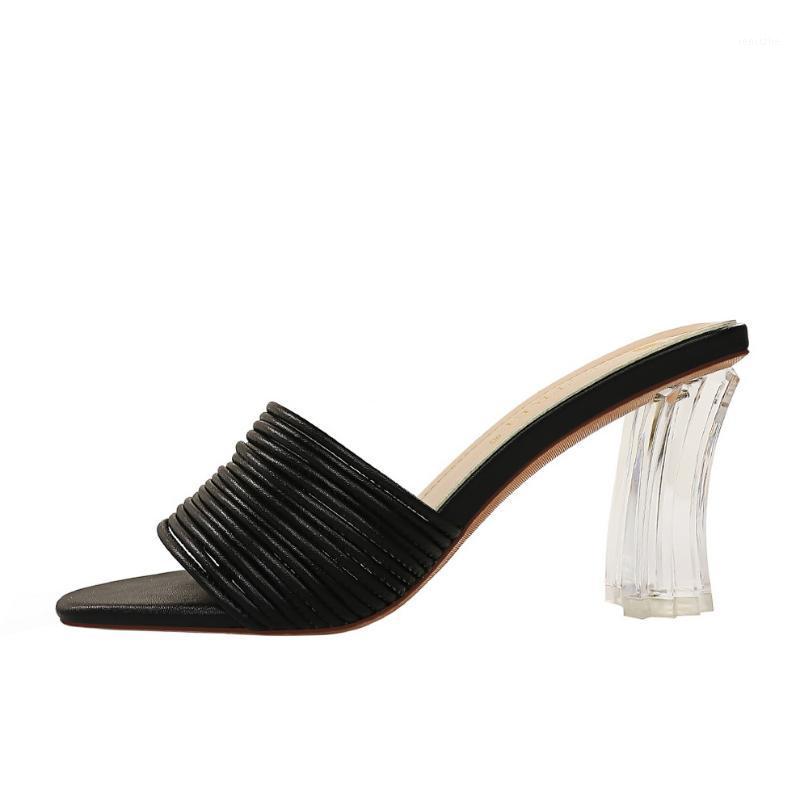 

Elegant ladies slippers 2020 summer transparent crystal high heels square head open toe hollowed out barefoot sandals women1, Black