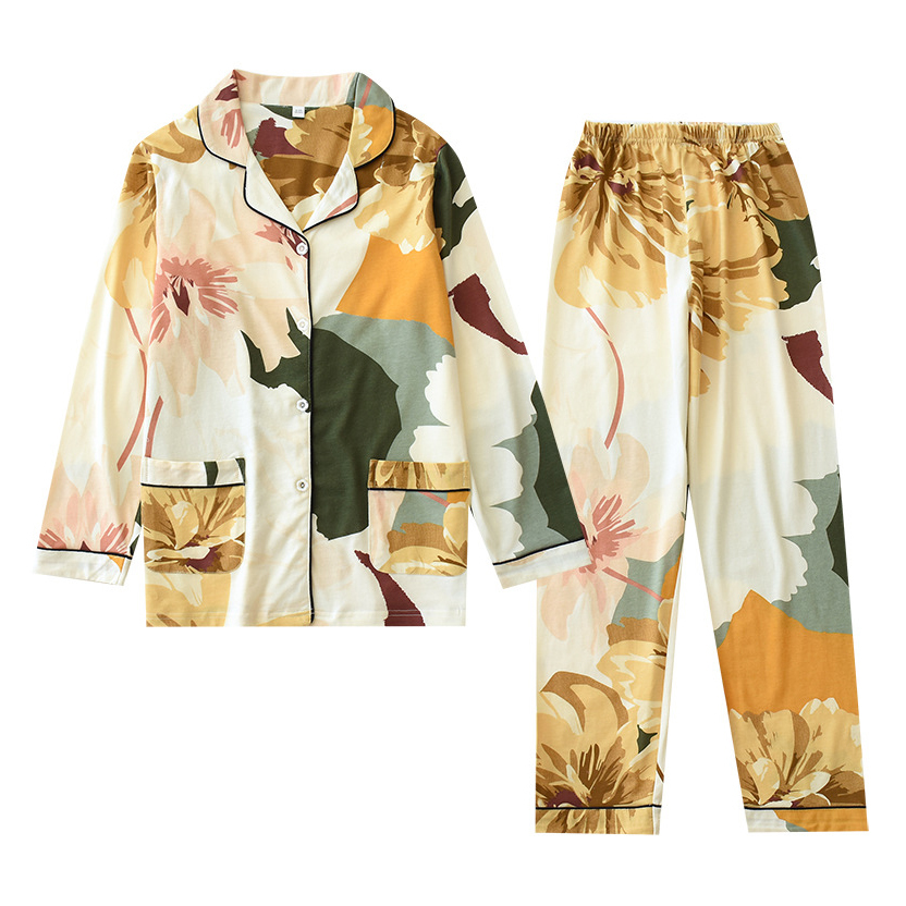 

Japanese Sets Fresh of 100% Gauze Cotton Long Casual Sleeve Candy Women's Pajamas Will See Hot Sale Ly52, Yellow