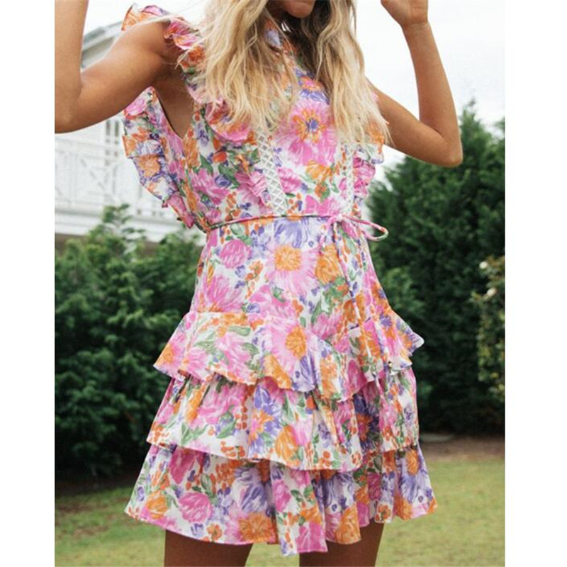 

Vacation Style Print Dress Women Lace Up High Waist O Neck Swing Dress New Fashion Summer Sleeveless Backless Dresses Vestidos GWWE, Blue
