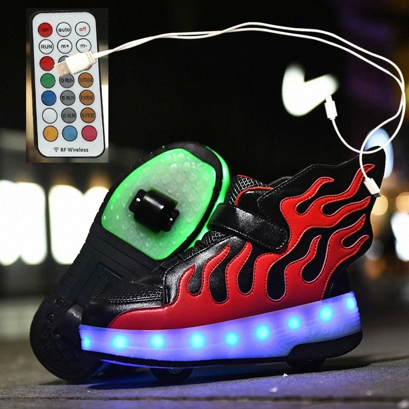 

Pink 2021 New USB Charging Children Sneakers remote control Girls Boys Led Shoes Kids Sneakers With Wheels Roller Skate Shoes #O29C