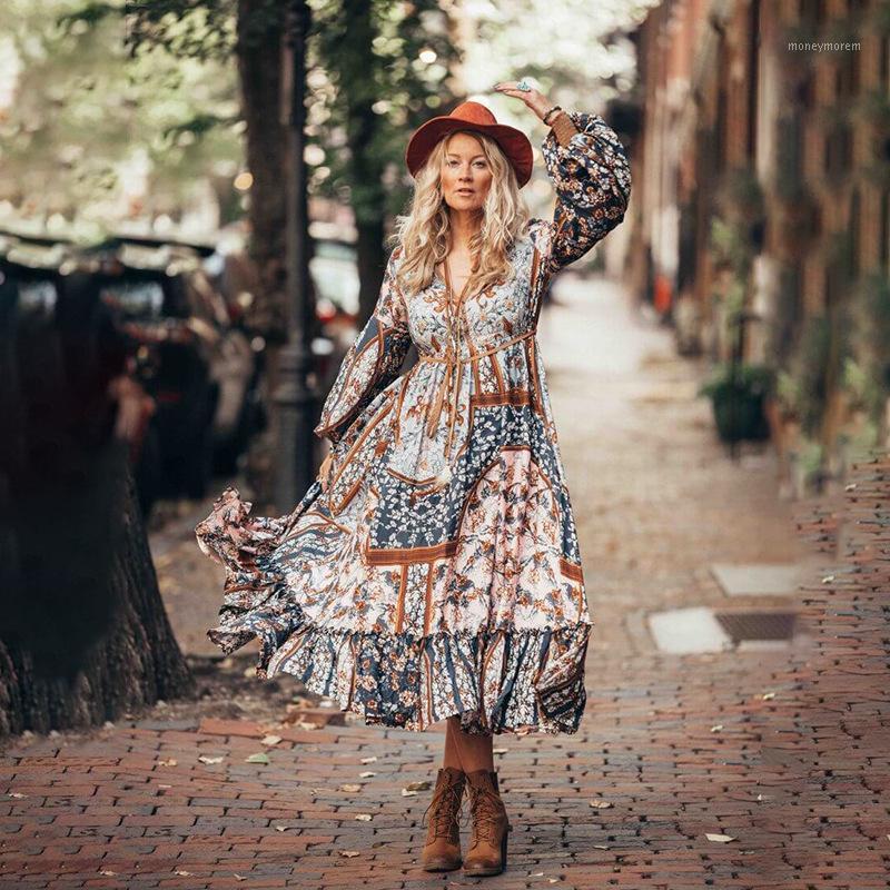 

Casual Boho Women Spring Dress Lady Vintage Floral Printed Chiffon Shirt Dress Long Sleeve Ruffles Patchwork Long Vestido1, 911-1452 as picture