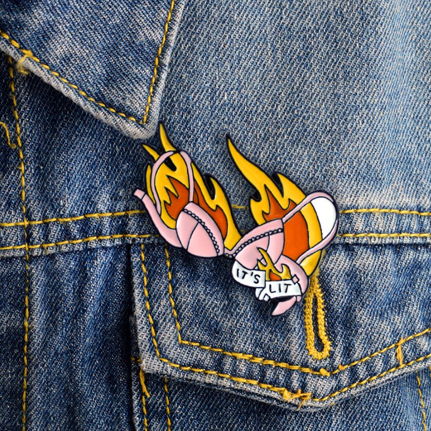 

IT'S LIT Bra Brooch Sexy Pink Shiny Bra Flame Lit Bra Badge Enamel Pins Denim Shirt Cute For Girl Women Couple Love Gifts, As picture