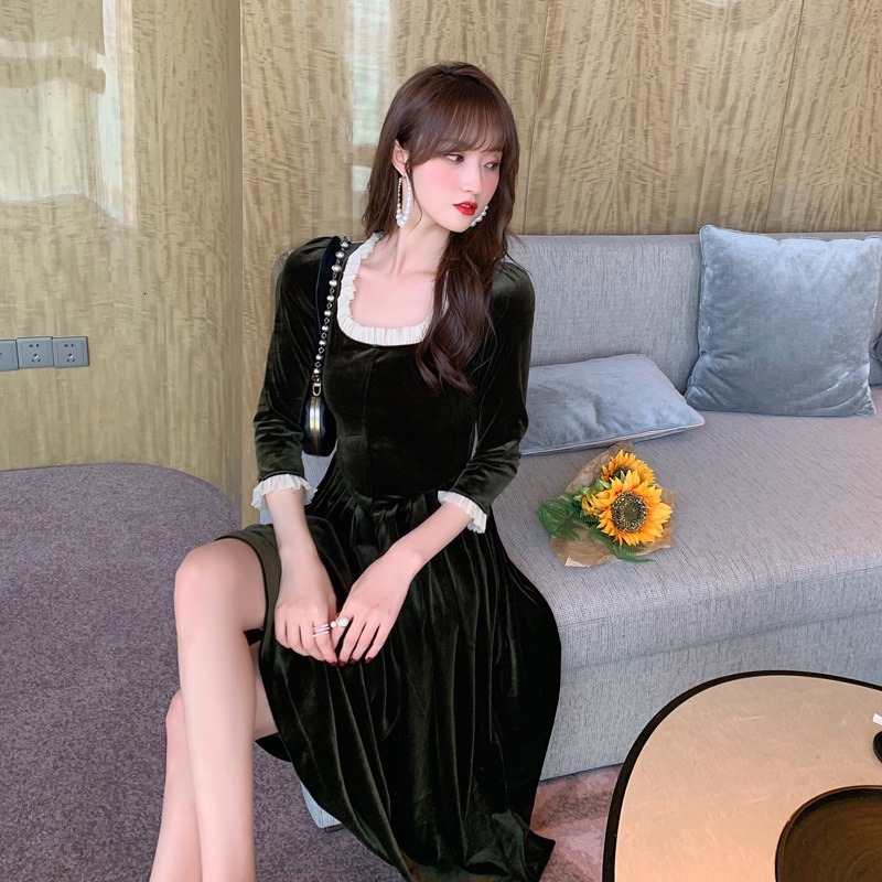 

2021 New Female fashion thin square neck elegant ladies long maxi dress 1X8L, Black