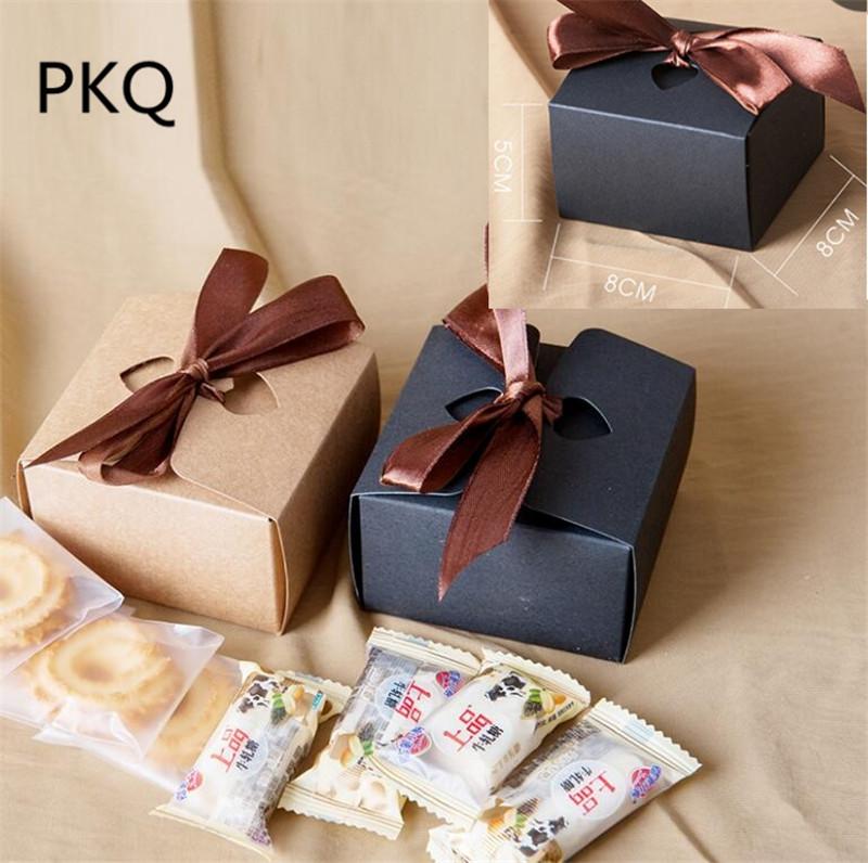 

10pcs small Gift Box Packaging gift Paper Box With Ribbon brown Black Kraft ribbon Packaging cute wedding