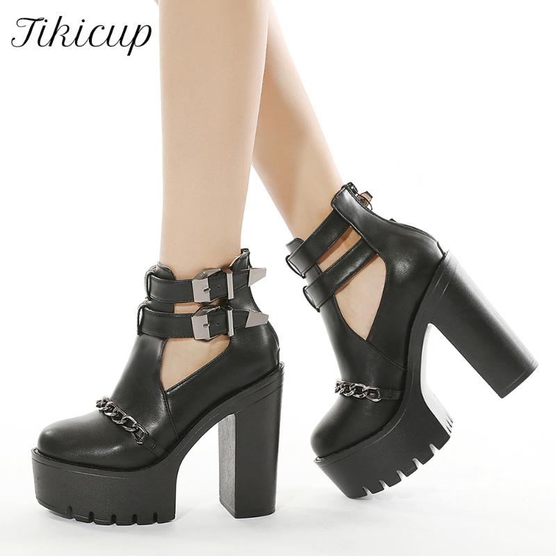 

Tikicup Ankle Strap Women Chunky Platform Boots Wild Alternative Extremely High Heel Booties All Black Gothic Shoes with Chains