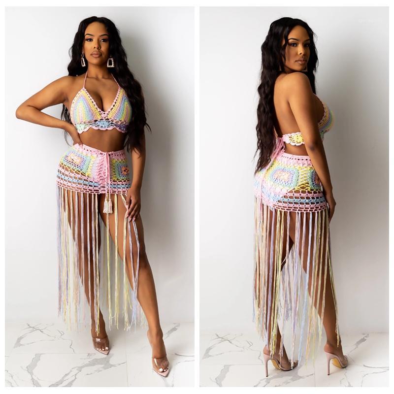 

2020 New crochet 2PCS/SET Beach cover up sexy women colorful bra top+ long fringe skirts bikini swimsuit bathing suit cover ups1