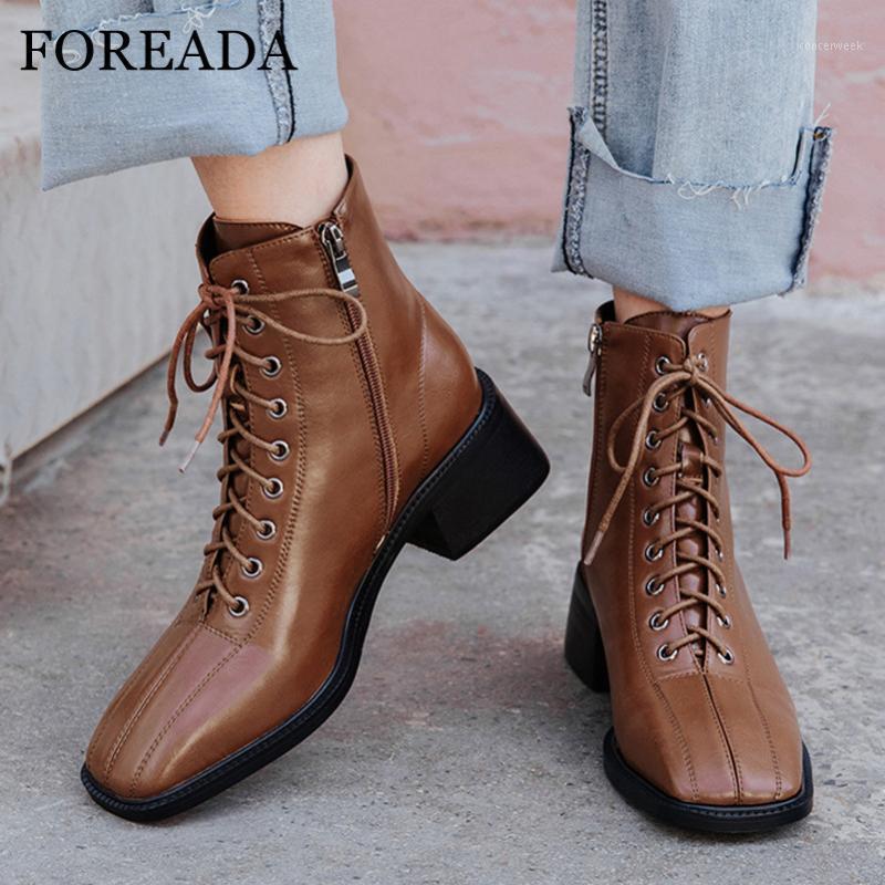 

FOREADA High Heel Woman Boots Real Leather Ankle Boots Lace Up Square Toe Shoes Zip Thick Heel Short Female Black Size 401, Black velvet lining