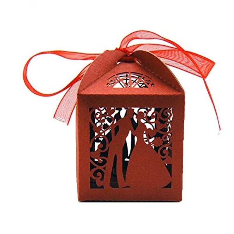 

25pcs Couple Design Luxury Lase Cut Wedding Sweets Candy Gift Favour Boxes with Ribbon Table Decorations (Red