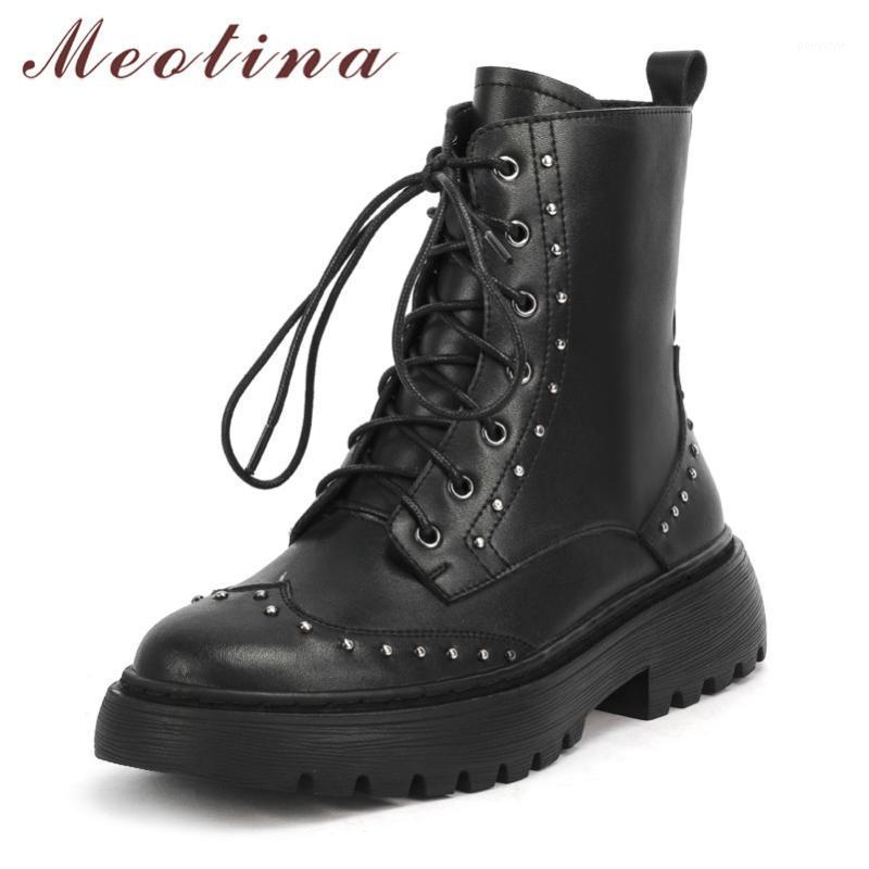

Meotina Rivet Real Leather Flat Platform Ankle Boots Women Shoes Round Toe Zipper Cross Tied Short Boots Female Autumn Black 411, Black leather