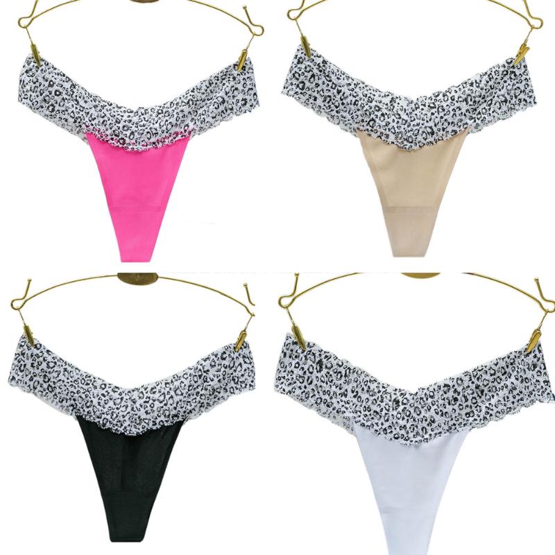 

MY Women' Breathable Cotton Thong Panties Patchwork Leopard Lace Top Low Waist Thongs For Female