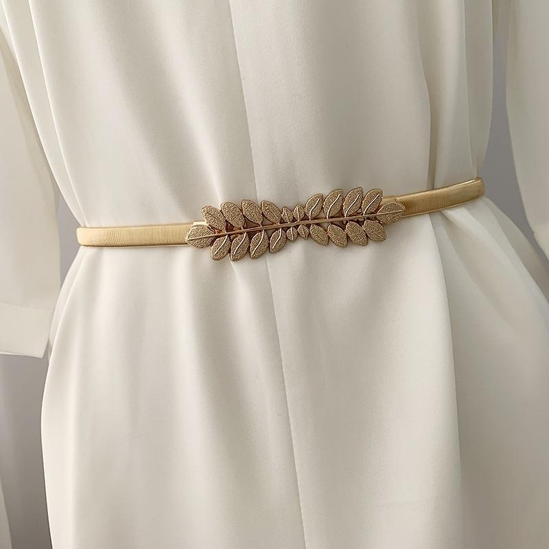 

Belts European And Women Elastic Waist Chain Metal Leaf Buckle Gold Thin For Decoration Dress Ceinture, Black;brown