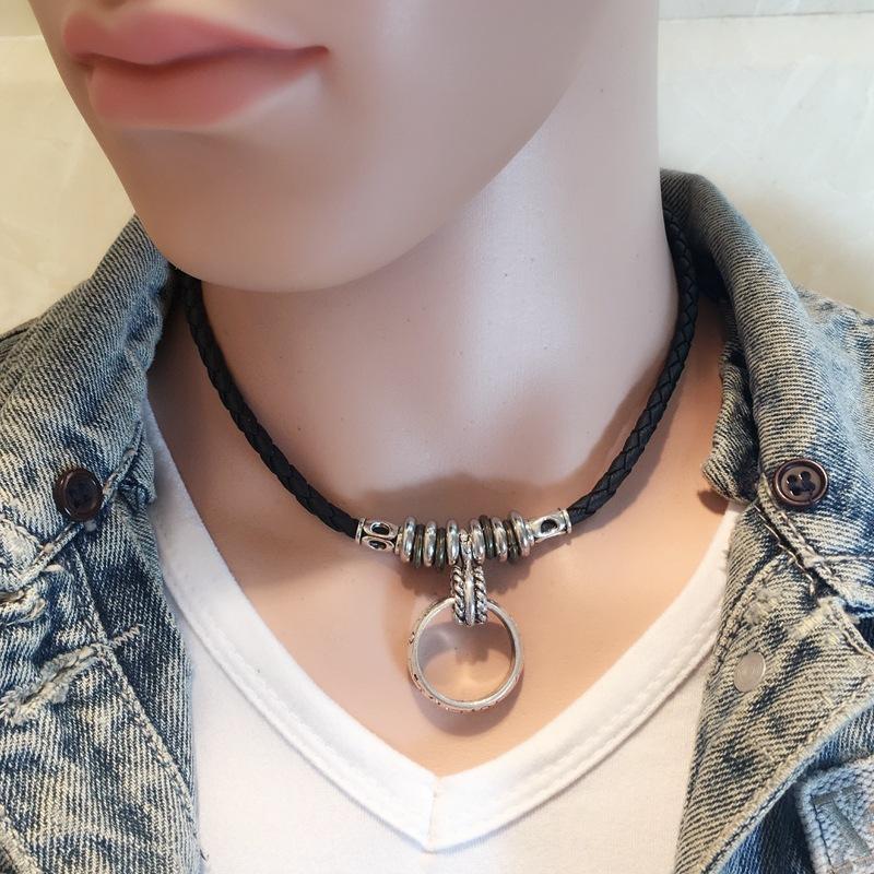 

ANL047, Handmade Cool Simple Metal Ring Charms Pendent Woven Braided Leather Rope Lucky Necklace For Adjustable Men Jewelry