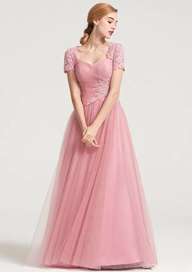 

2022 New Year's A-line Lace Short Sleeves Long Bridesmaid Dresses Pleated Appliques Tulle Floor Length Prom Dress, White;pink