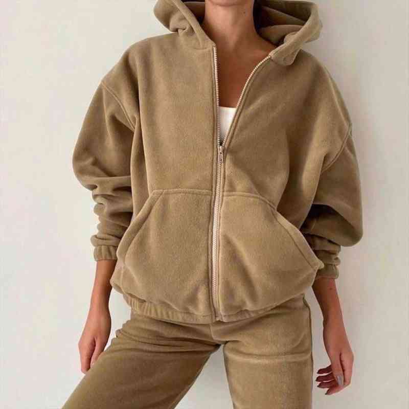 

casual women fleece hoodie two piece sets hooded zipper outerwear and harem pant suit autumn winter fashion streetwear tracksuit, White