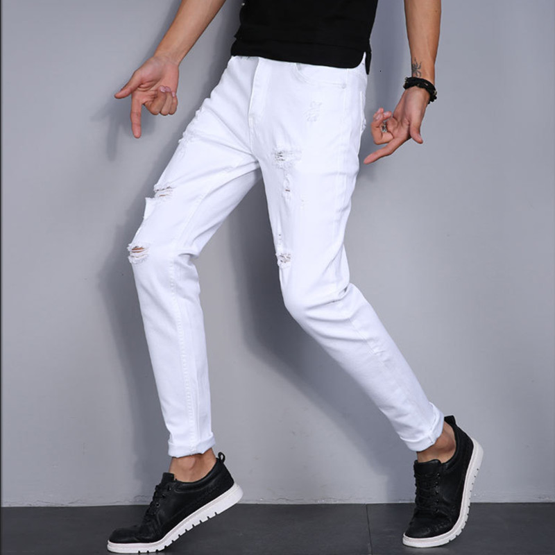 

2021 New Arrival Tearing Up High-quality Male Ankle-length Elastic Jeans, 100% Cotton Denim Skinny Jeans A300, White