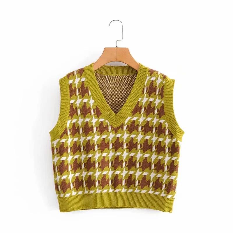 

Sweater lady top knitted grid V-neck sleeveless knitted vest women's wear Loose short pullover vest, Green