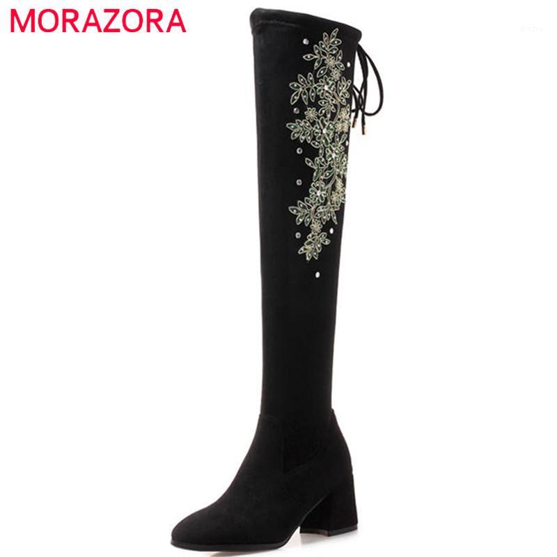 

MORAZORA 2020 big size 34-43 over the knee boots women flock leather high heels boots autumn winter shoes thigh high booties1, Black