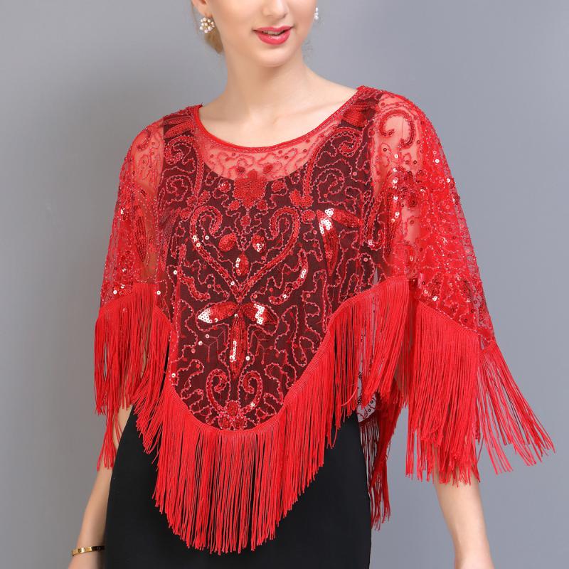 

Vintage Evening Cape 1920s Flapper Dress Accessories Shawls Scarves Wraps Poncho Sequin Beaded Fringe Cover Up