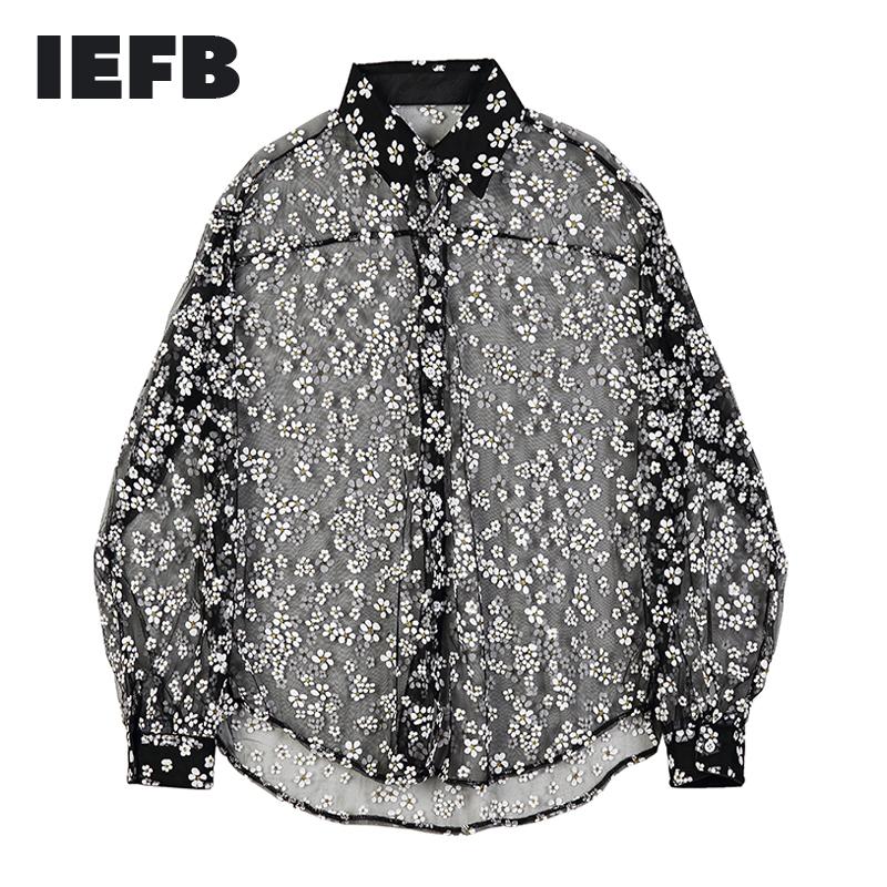 

IEFB /men's and women's wear Hollow Out Transparent Sunscreen Summer Clothes Long Sleeve Gauze printting black tops 2020 9Y1388