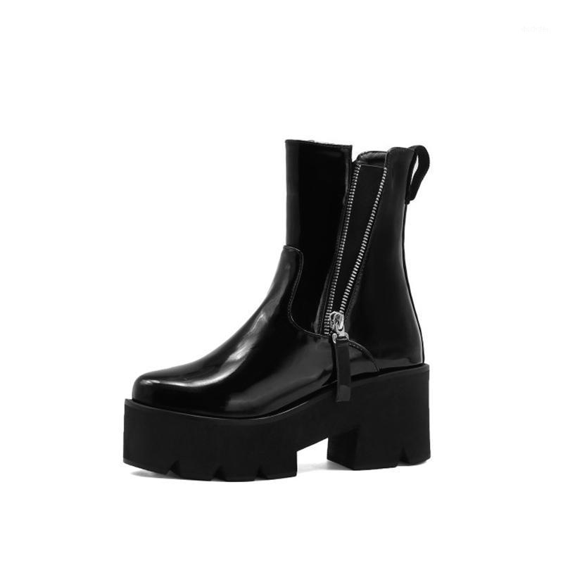 

MKKHOU Fashion Short Boot Woman 2021 New Winter Black Patent-Leather Round-toe Platform High-heeled Leather Winter Boots Women1, Pu