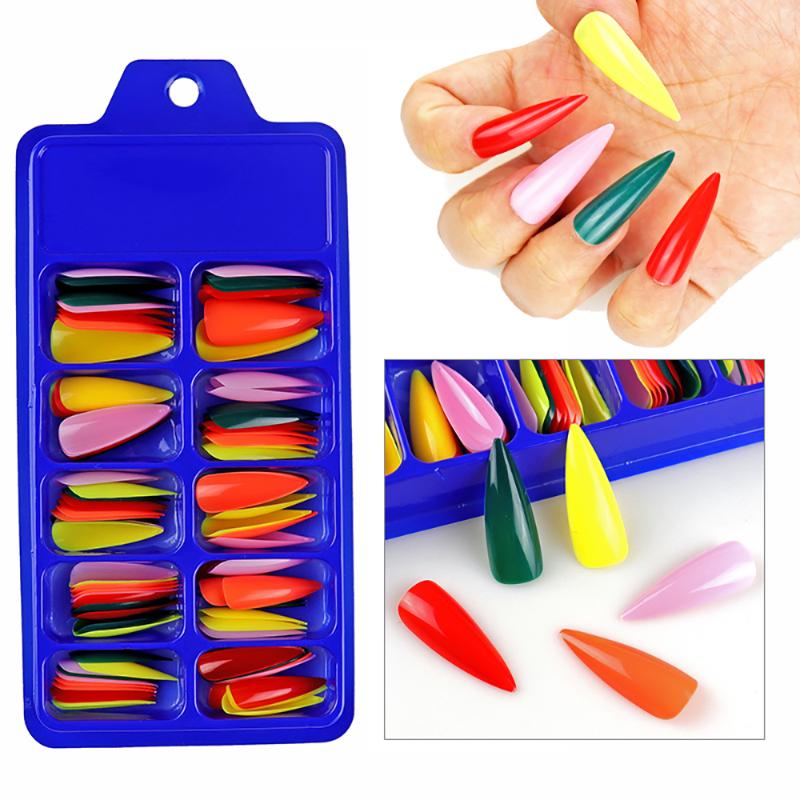 

100 Pcs/Box Full Cover Mixed Colors Natural Long Coffin Fake Nails Artificial False Nails DIY Nail Art Tips Manicure Tools