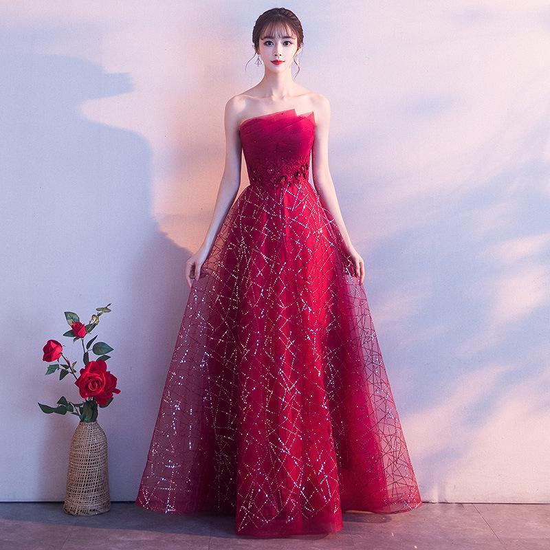 

Oversize 2XL Women Improved Strapless Dress Chinese Classic Lace Up Ball Gown Asian Bride Toast Clothing Elegant Dress1, Red a-1