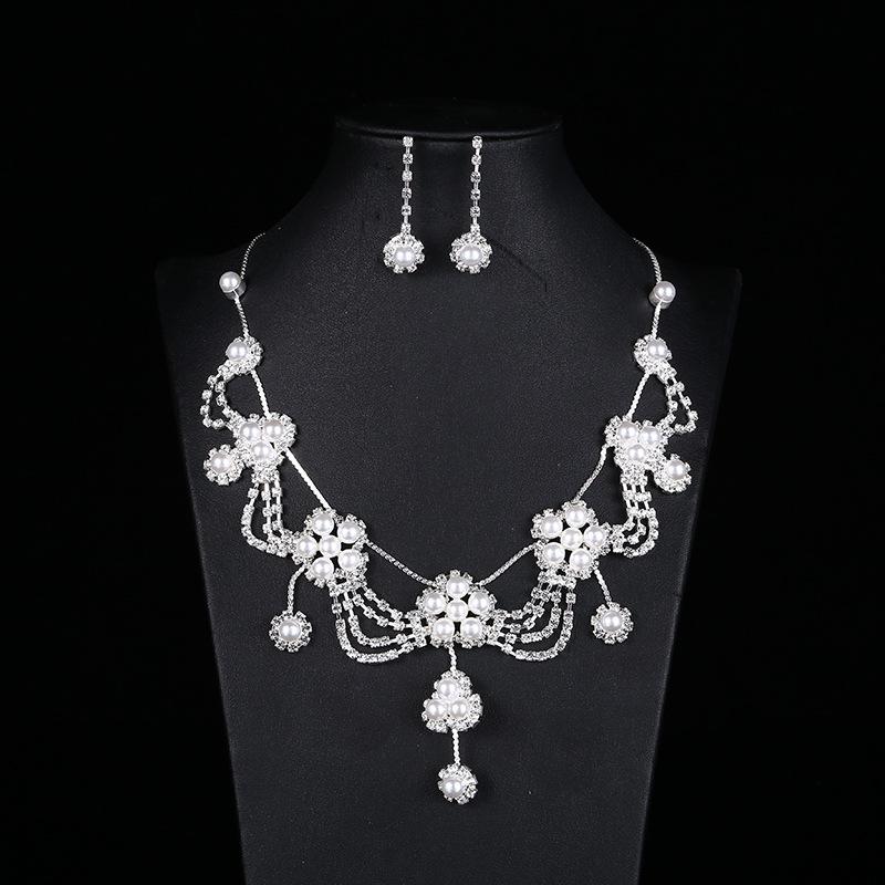 

Earrings & Necklace Luxury Female White Crystal Jewelry Set Charm Silver Color Dangle Earring For Women Dainty Flower Pearl Wedding Chain