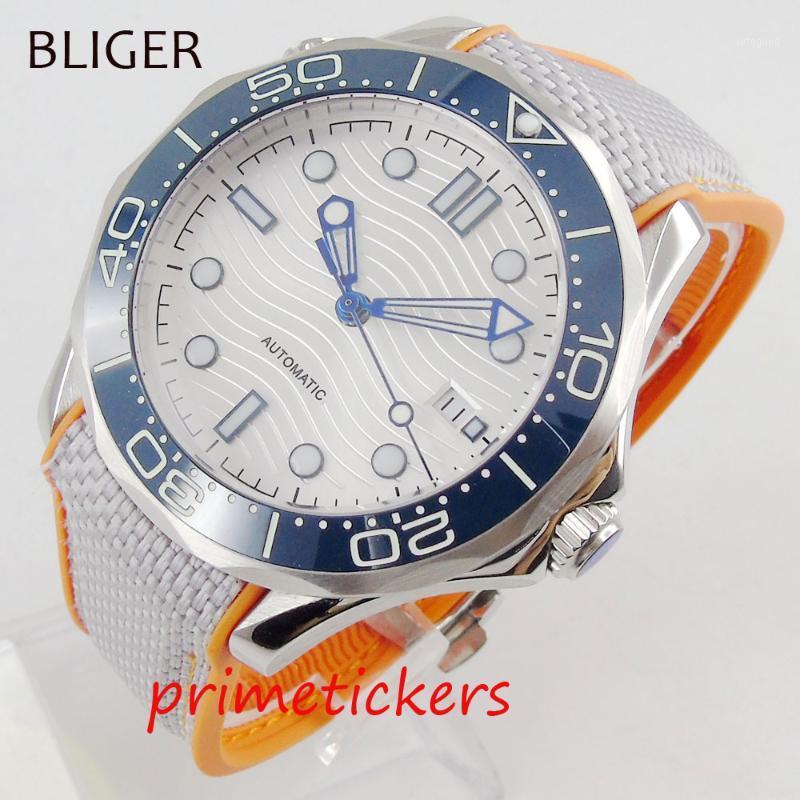 

Wristwatches Automatic Men's Watch High Quality 41mm BLIGER Sapphire Glass White Wave Dial Rubber Strap Luminous Hands Date1, Bezel2