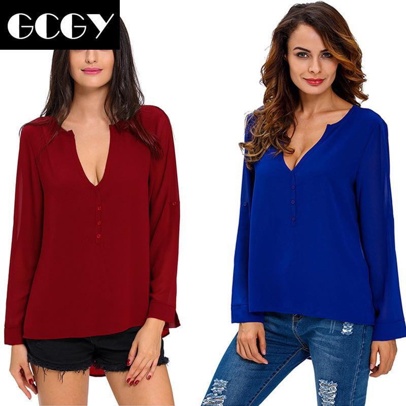 

GCGY Chiffon Shirt New Women' Long Sleeve Large V-neck Top White Yellow Red Green Black Blue Womens Tops